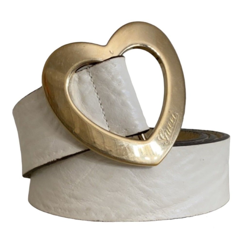 Authentic Gucci Cream Leather Gold Heart Shaped Engraved Script Logo Belt 90/36
